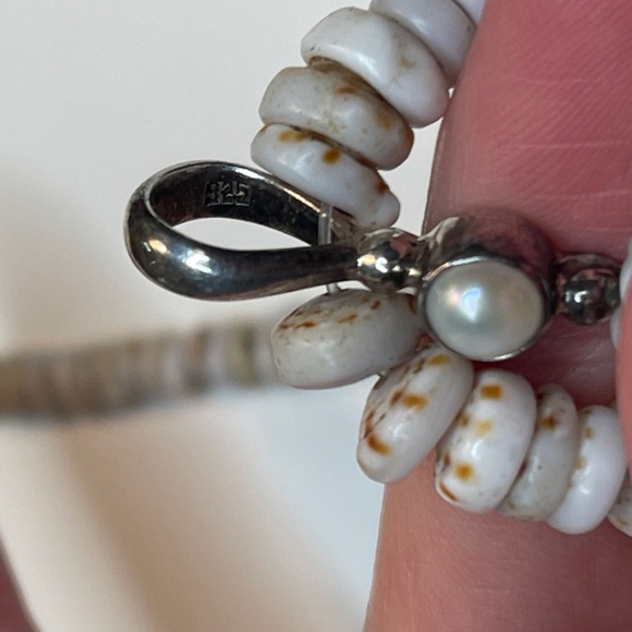 VINTAGE SHELL HEISHI Beads sterling silver flower Pendant NECKLACE vintage pearl - Picture 13 of 16